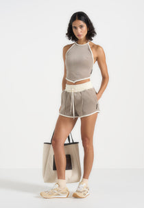 Delina - Contrast Velour Mini Shorts - Beige