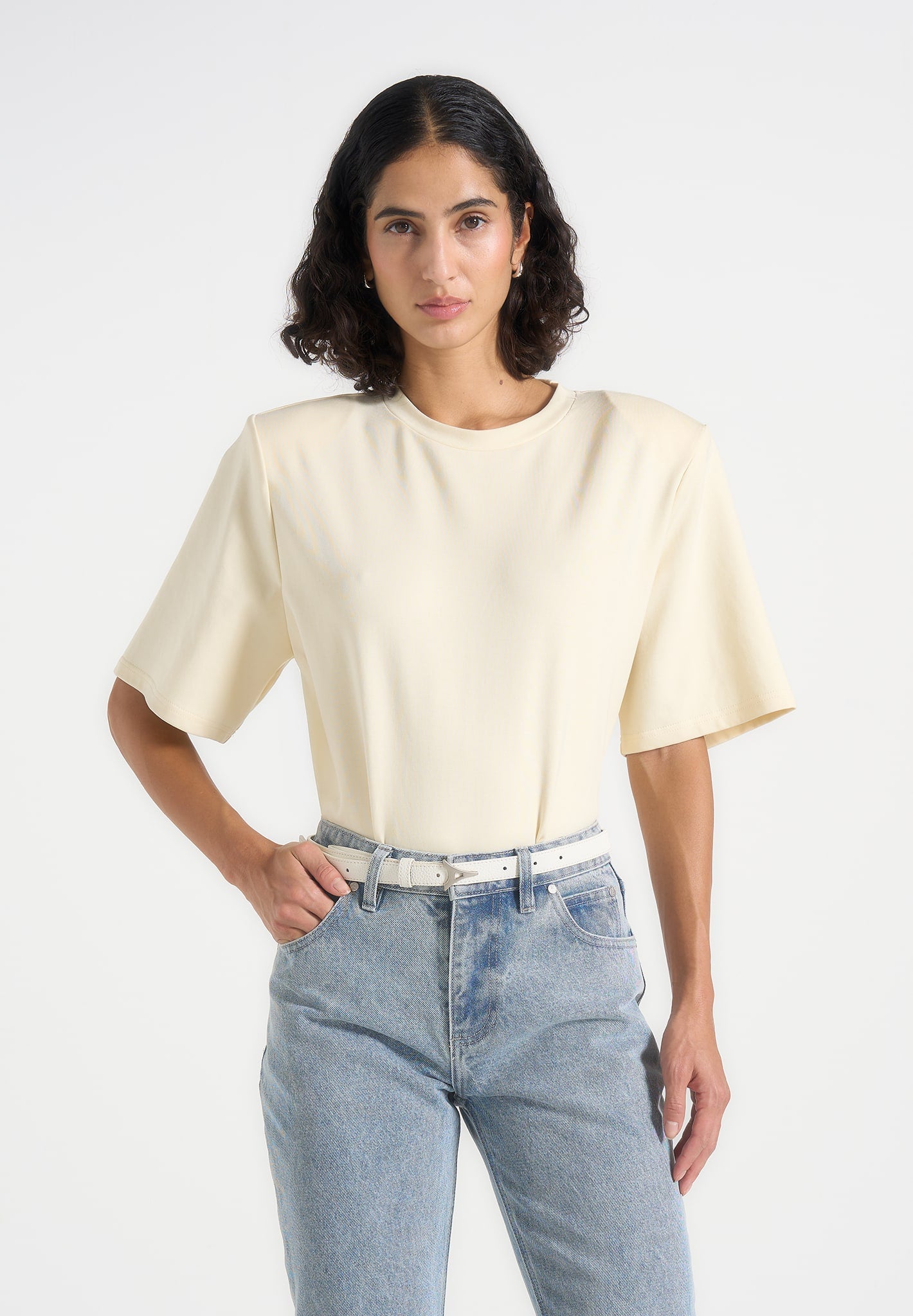BS002 - Wide Shoulder Bodysuit T-Shirt - Pale Yellow 