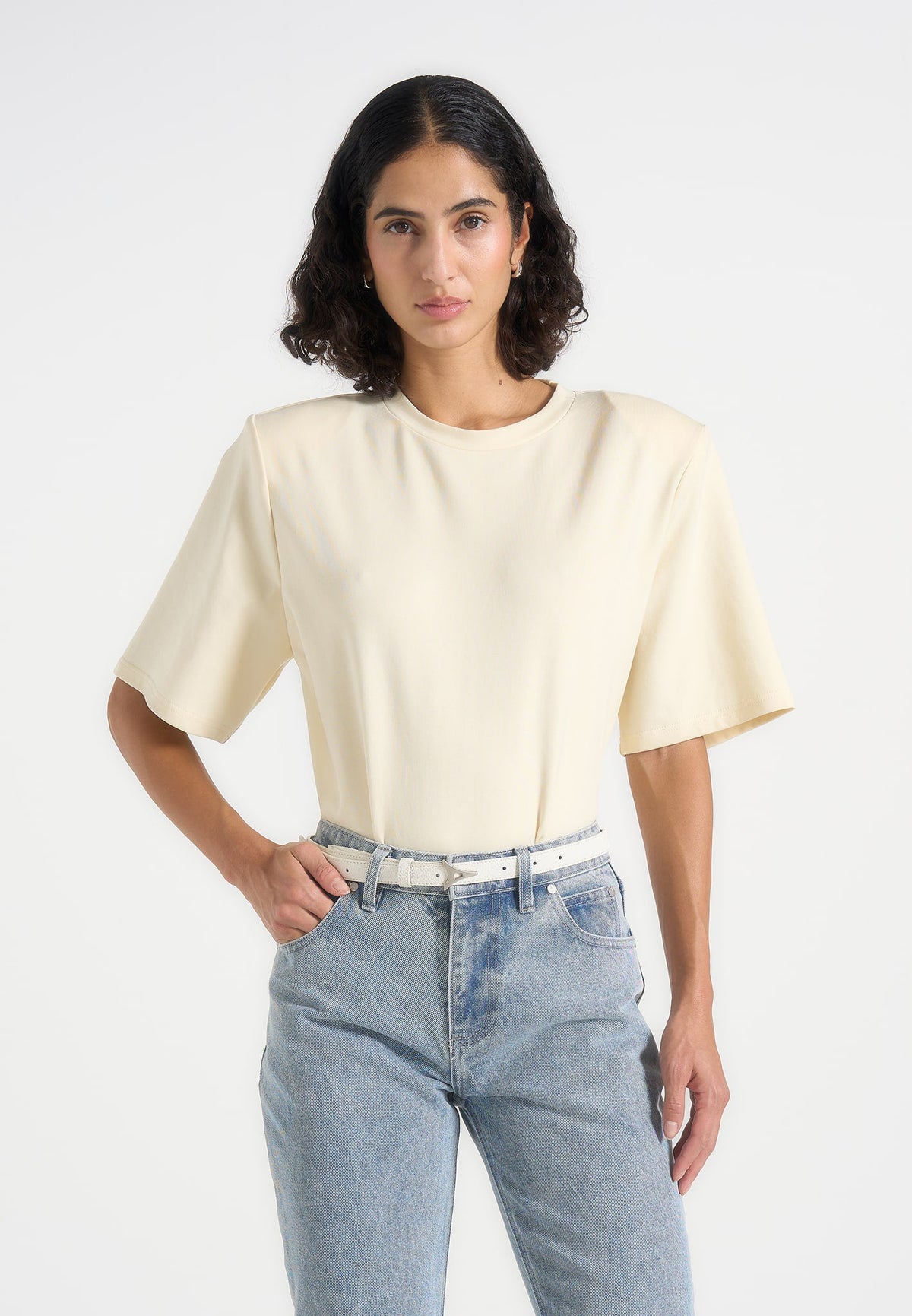 BS002 - Wide Shoulder Bodysuit T-Shirt - Pale Yellow