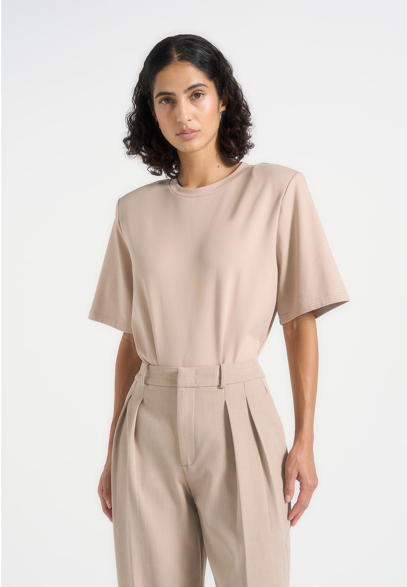 BS002 - Wide Shoulder Bodysuit T-Shirt - Beige 