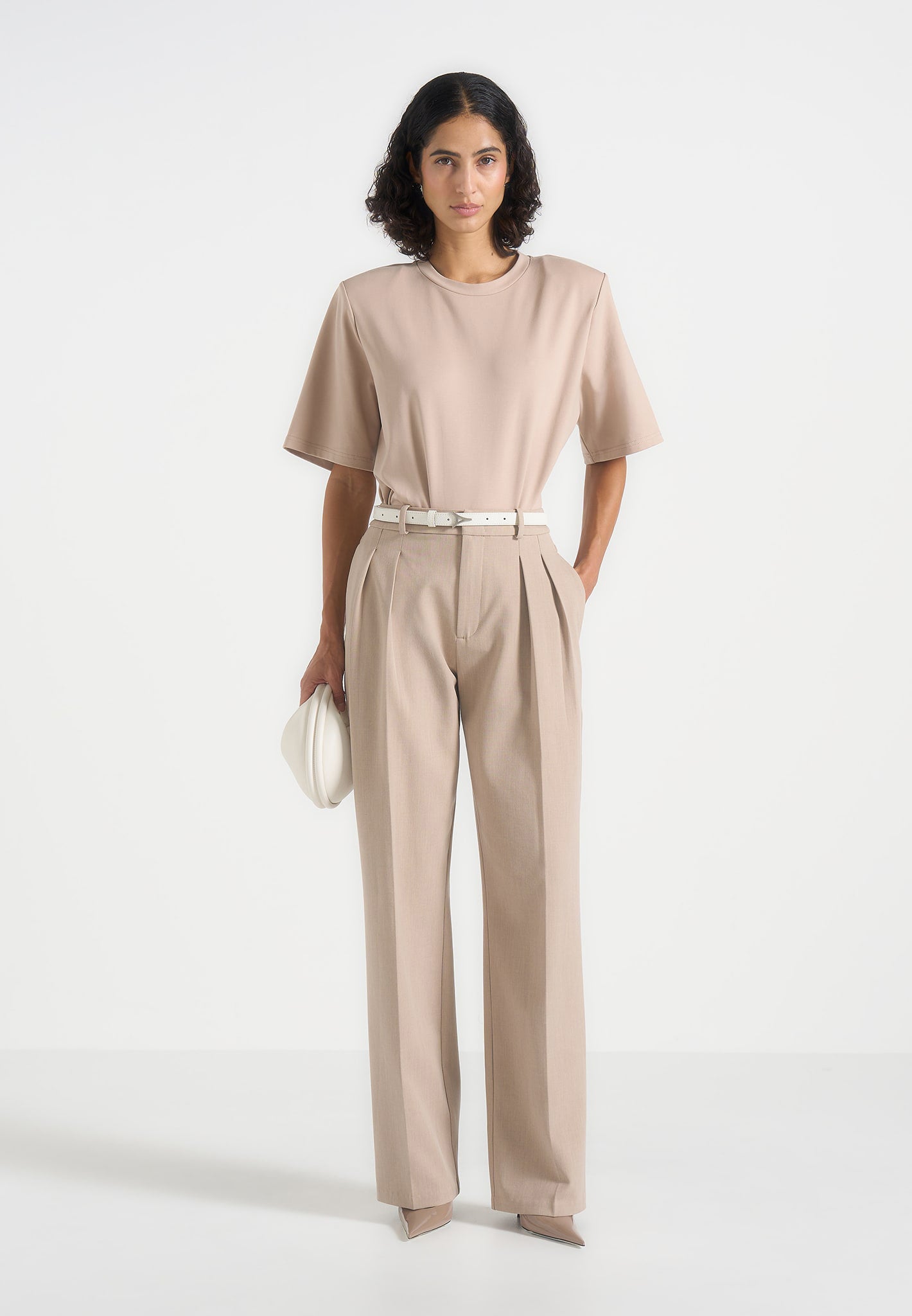 BS002 - Wide Shoulder Bodysuit T-Shirt - Beige 