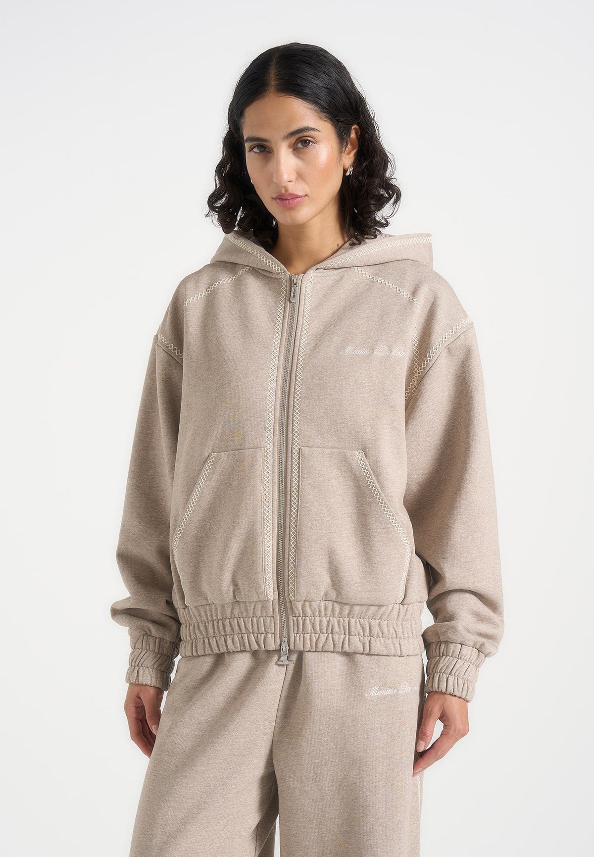 Ollie - Unisex Whipstitch Raglan Effect Zip Hoodie - Taupe
