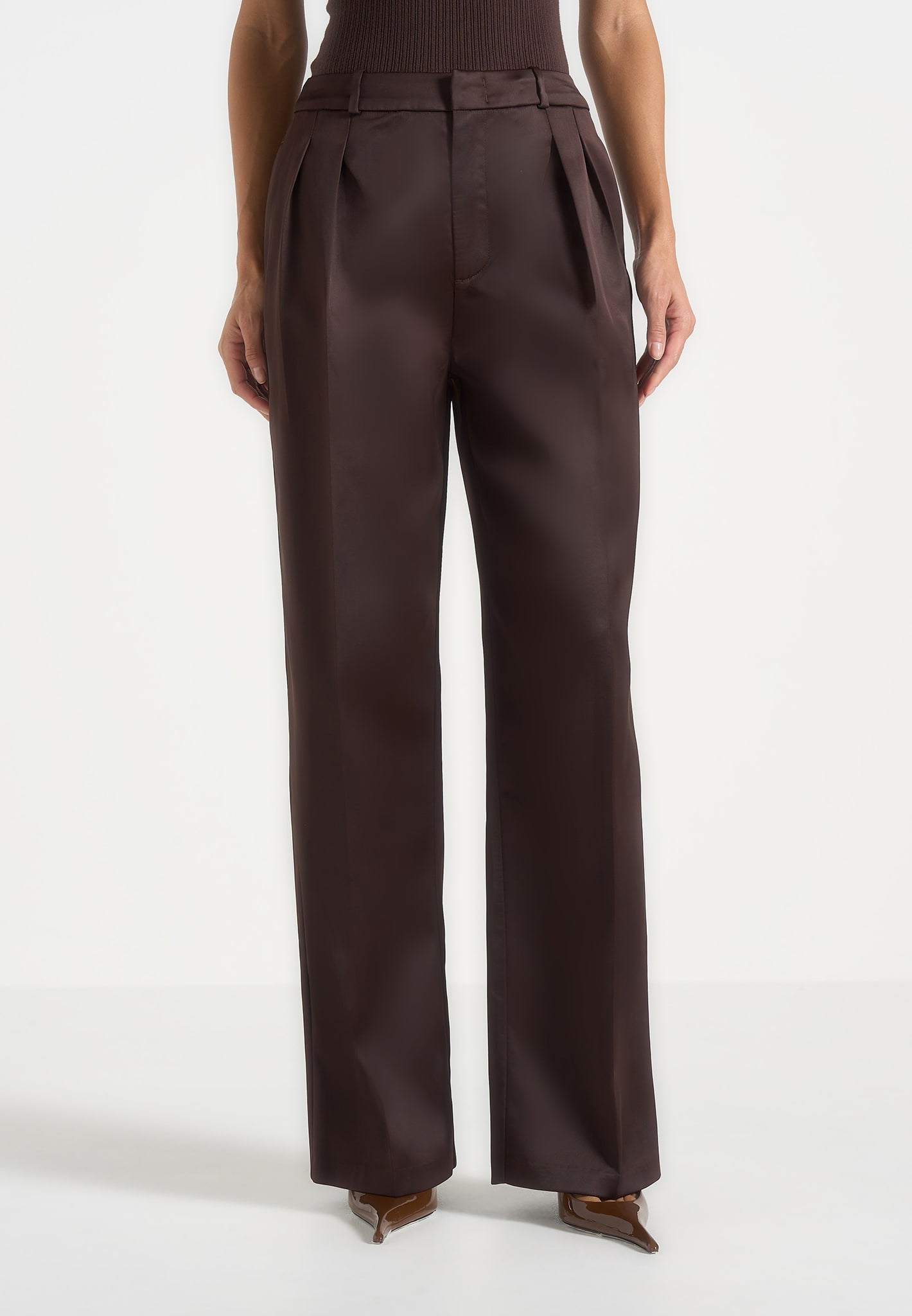 Julie - Satin Twin Pleat Trousers - Brown