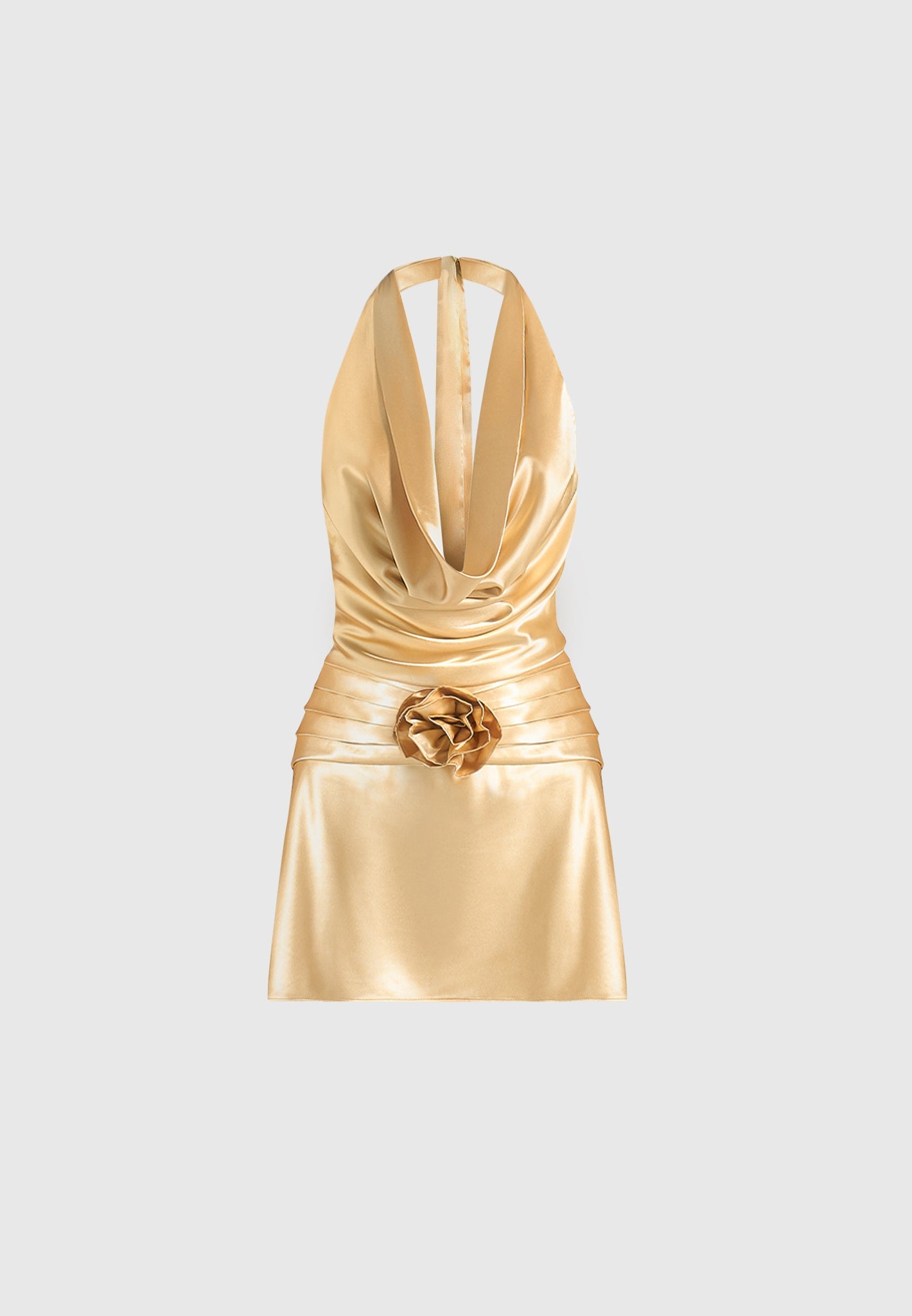 Christelle - Cowl Halter Open Back Rosette Mini Dress - Gold