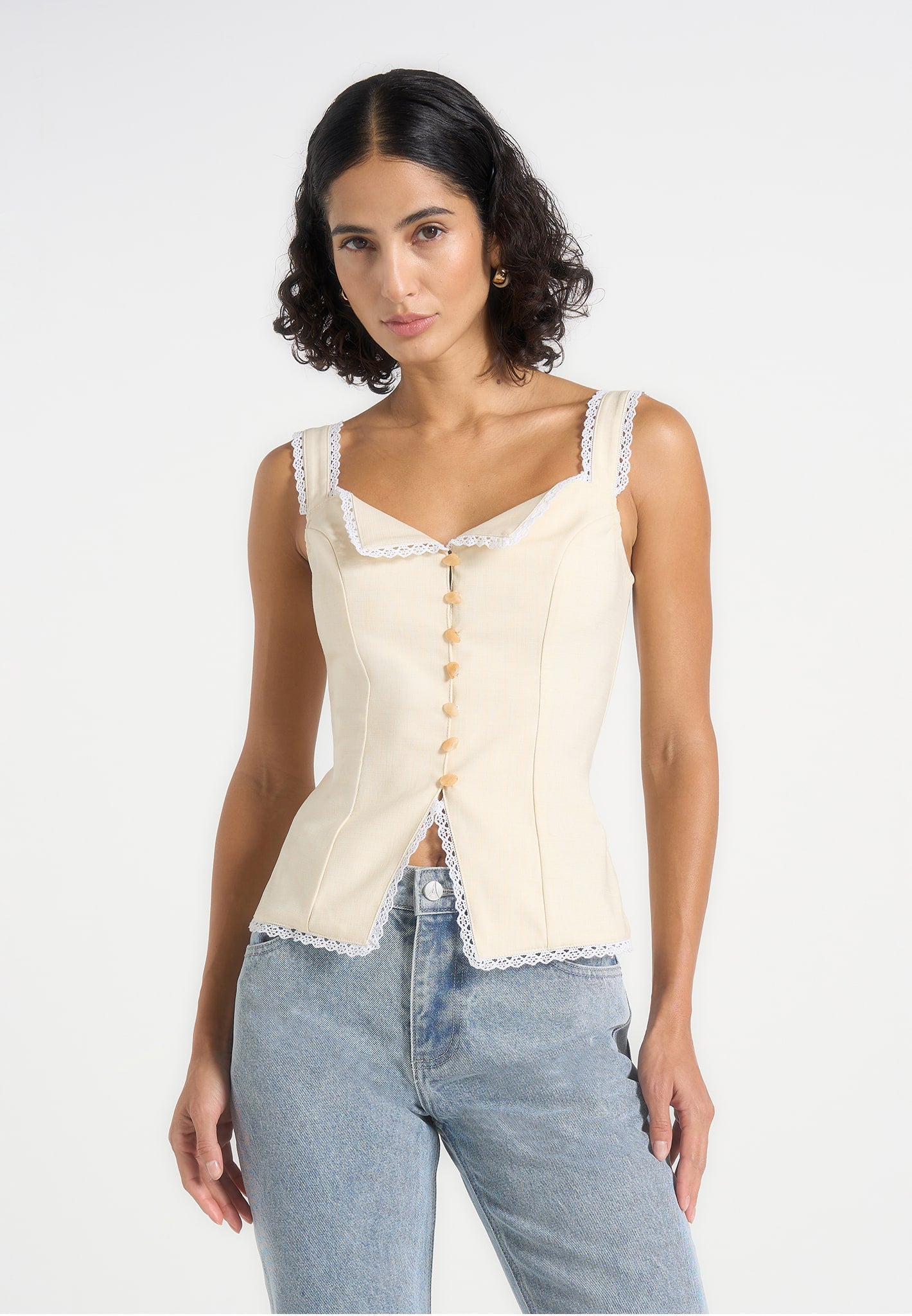 Delia - Linen Lace Trim Corset Cami Top - Pale Yellow 