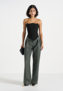 Julie - Leather Twin Pleat Trousers - Olive