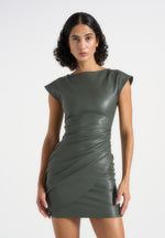 Tina - Leather Boat Neck Ruched Dress - Khaki