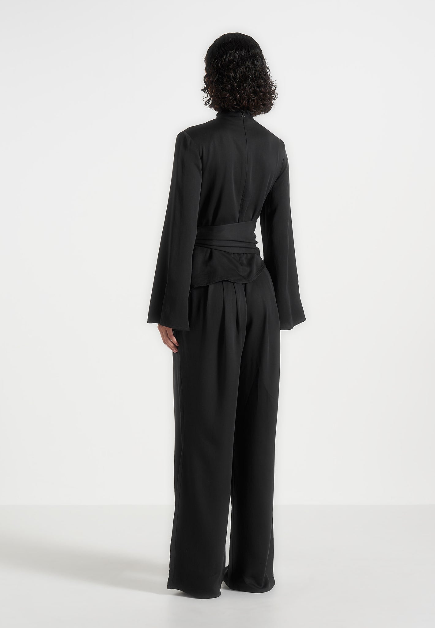 Aurore - Mock Neck Ring Belt Pleated Leg Jumpsuit - Black