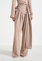 Aurore - Mock Neck Ring Belt Pleated Leg Jumpsuit - Beige