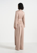 Aurore - Mock Neck Ring Belt Pleated Leg Jumpsuit - Beige