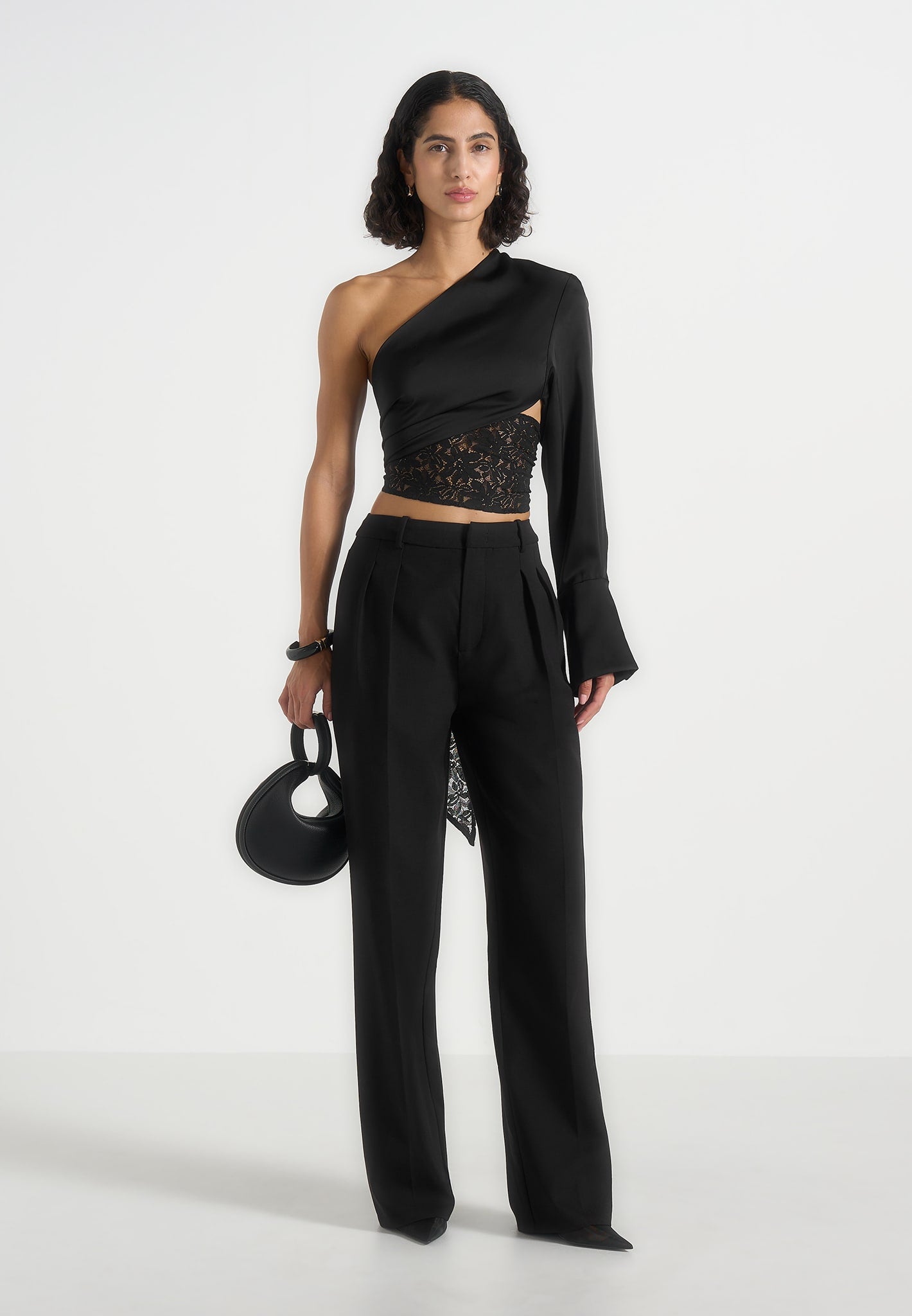 Coralie - One Sleeve Satin and Lace Wrap Top - Black 