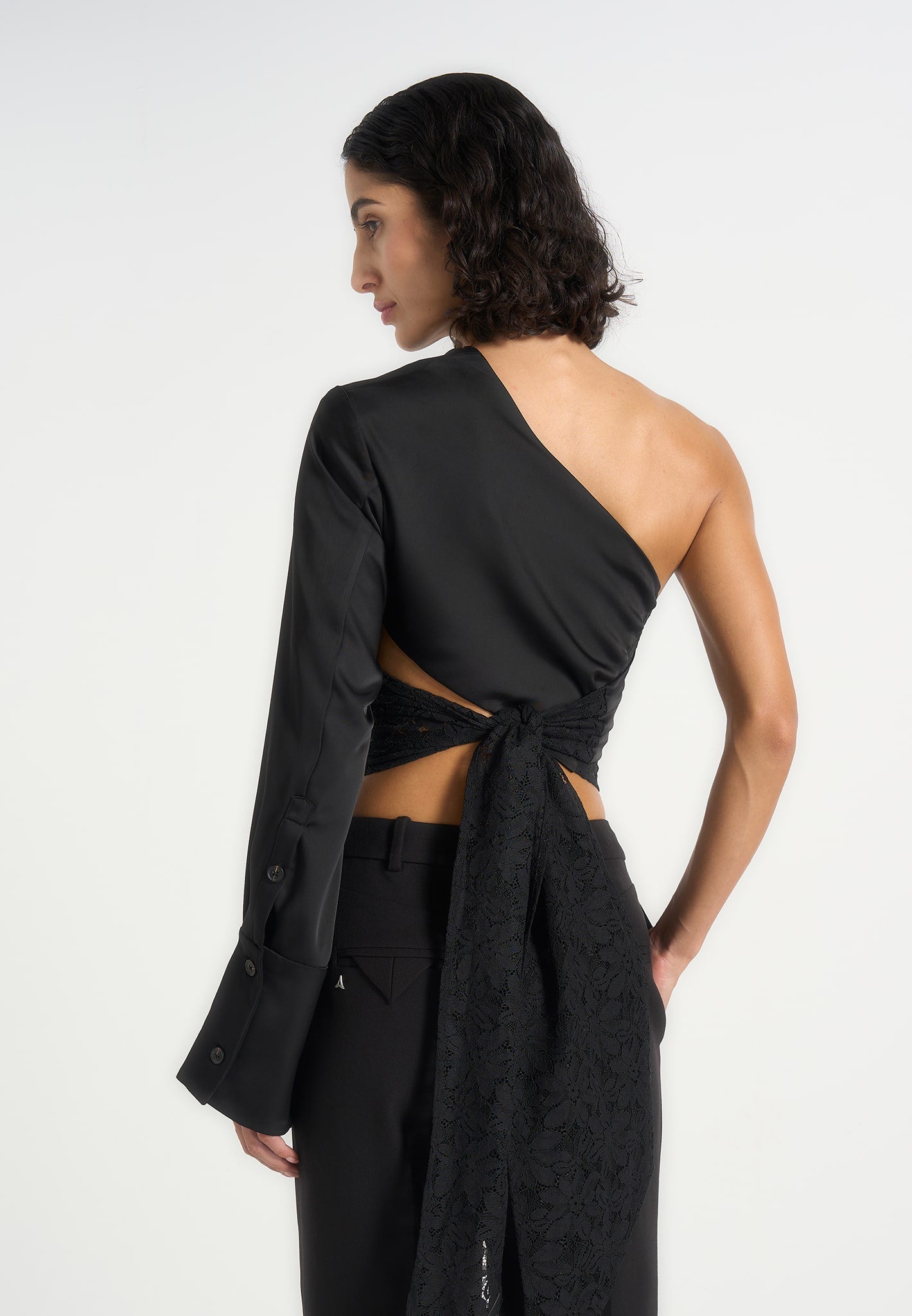 Coralie - One Sleeve Satin and Lace Wrap Top - Black 