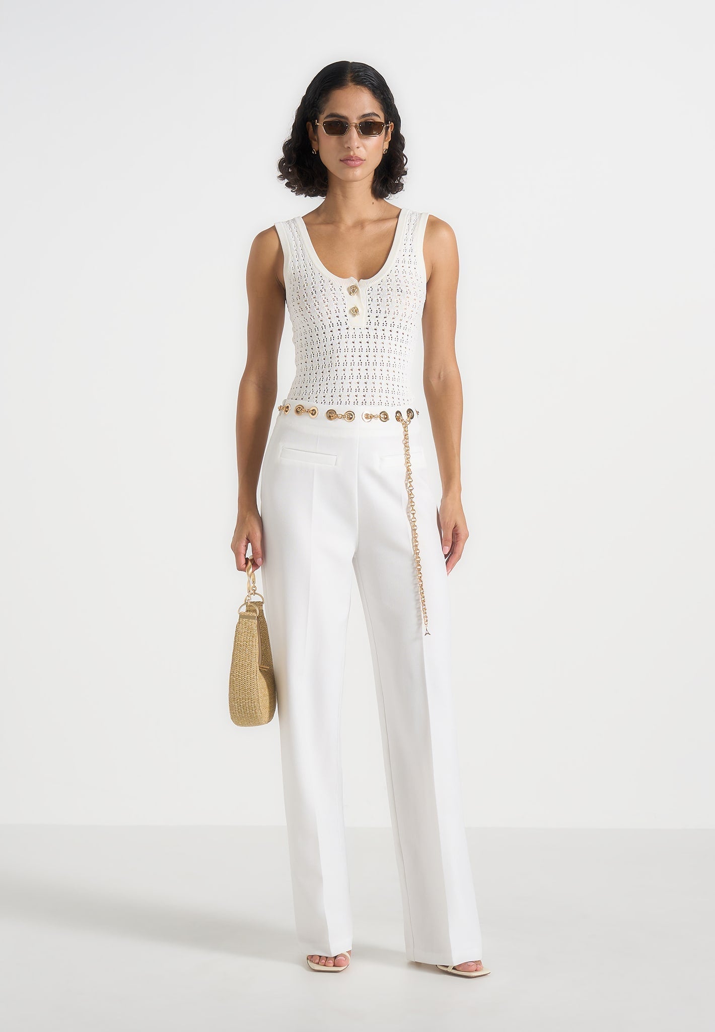 Perrine - Hardware Detail Belted Pants - White 