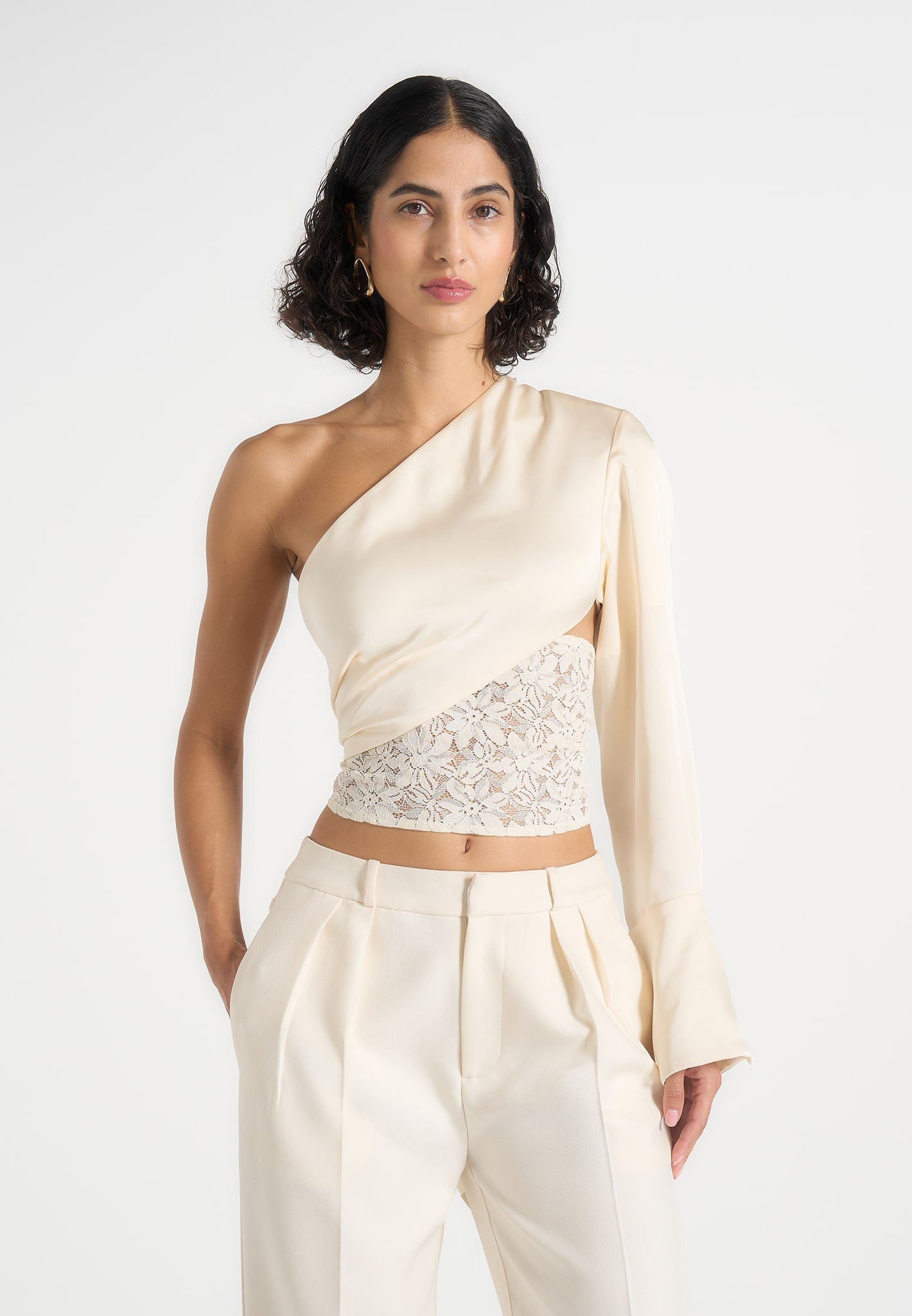 Coralie - One Sleeve Satin and Lace Wrap Top - Champagne 