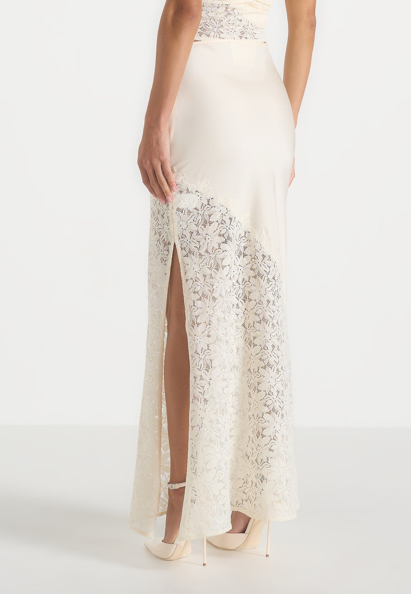 Belle - Satin and Lace Maxi Skirt - Champagne