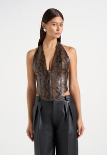 Sloane - Python Halterneck Corset Top - Brown