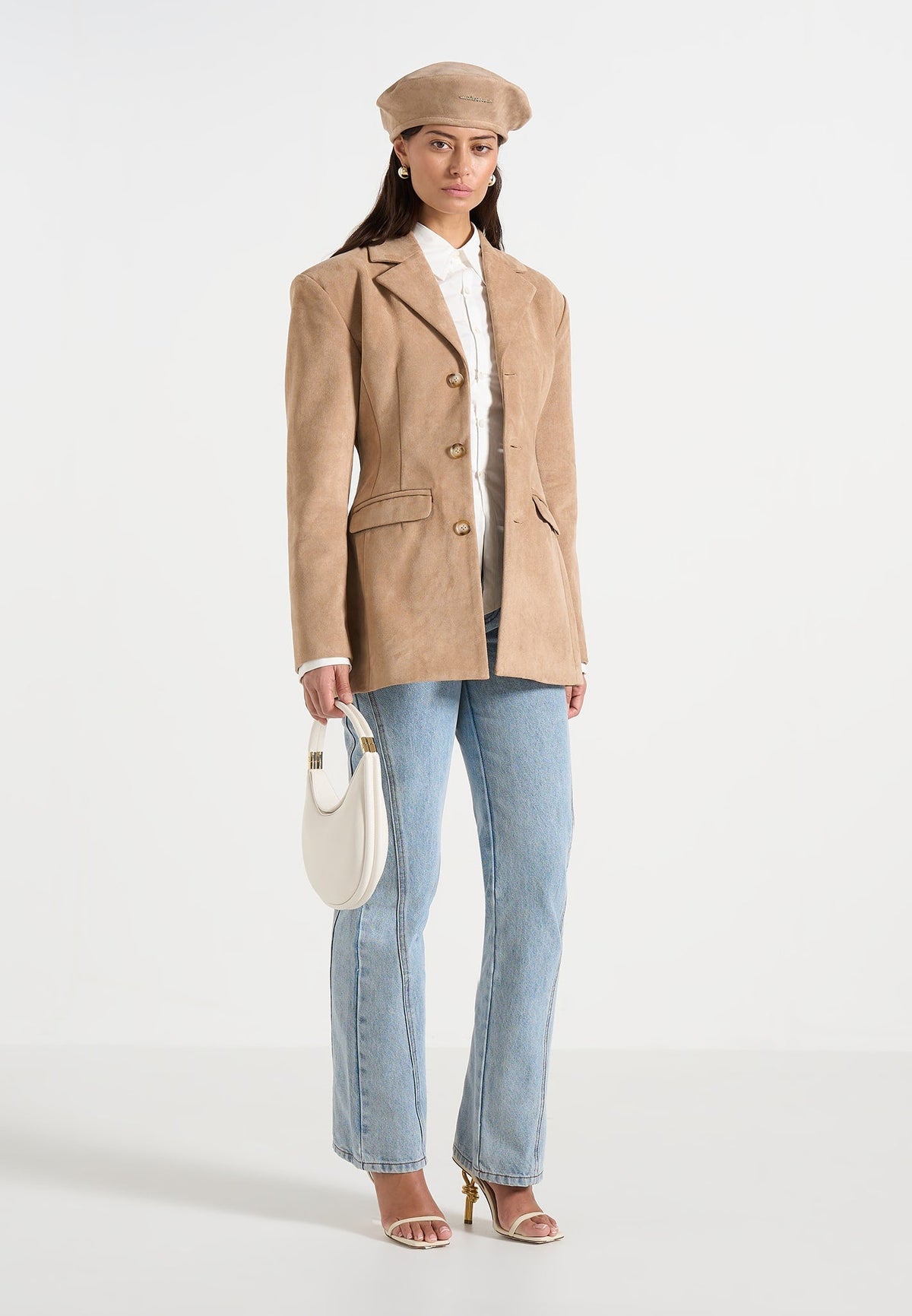 Claire - Suede Wide Shoulder Cinch Waist Blazer - Beige