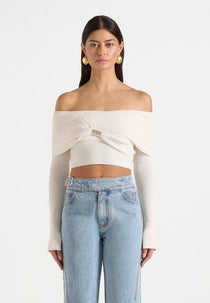 Shana - Asymmetric Bardot Top With Hardware Detail - Cream