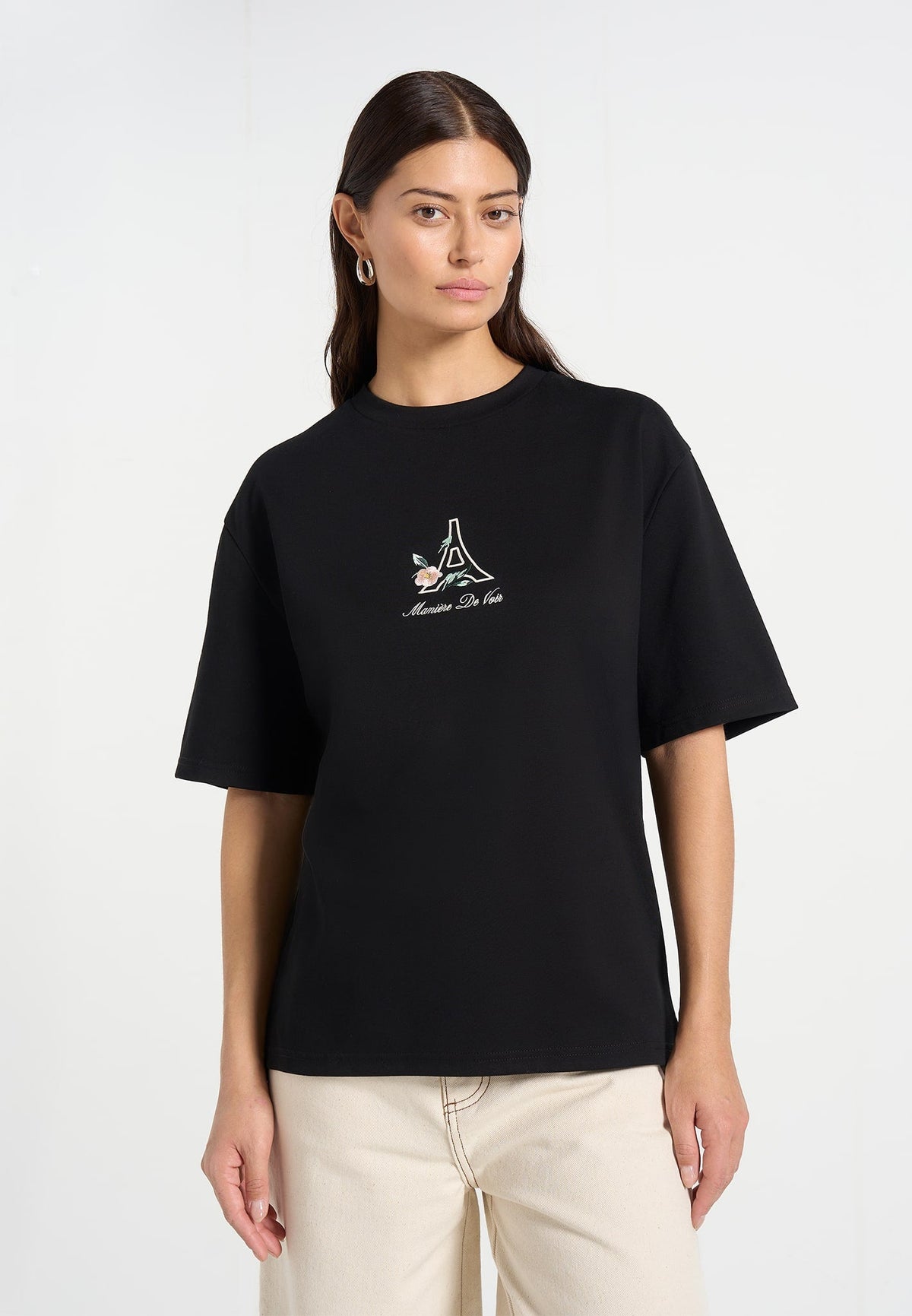 TS008 - Unisex Floral Eiffel Cotton T-Shirt - Black