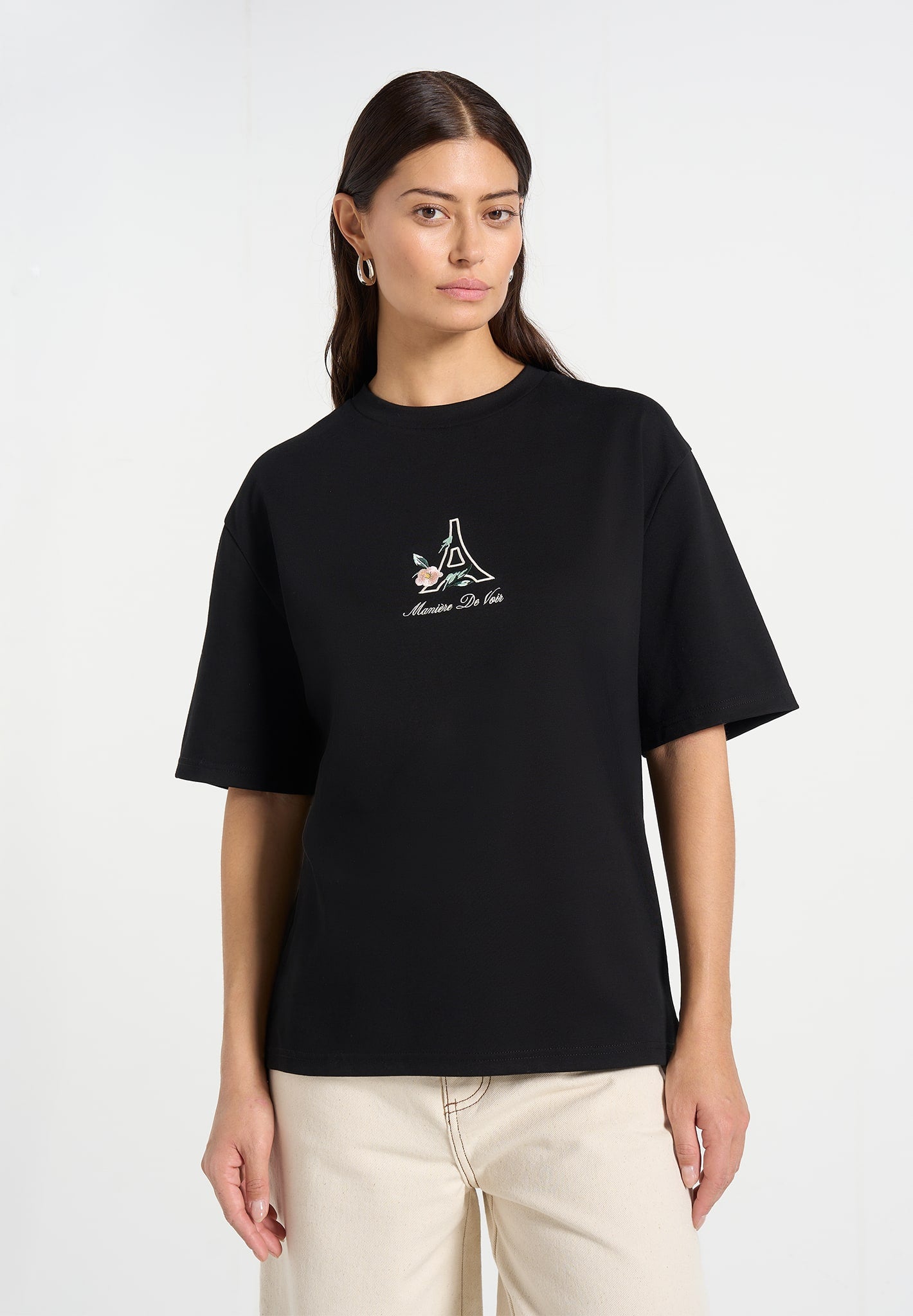 TS008 - Unisex Floral Eiffel Cotton T-Shirt - Black