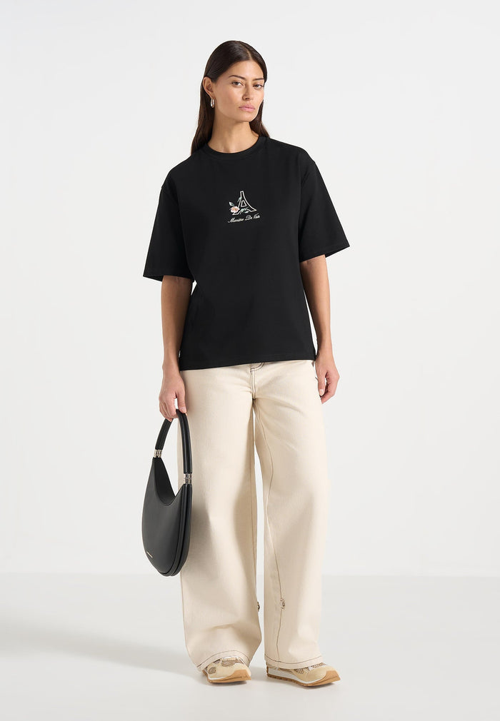 TS008 - Unisex Floral Eiffel Cotton T-Shirt - Black