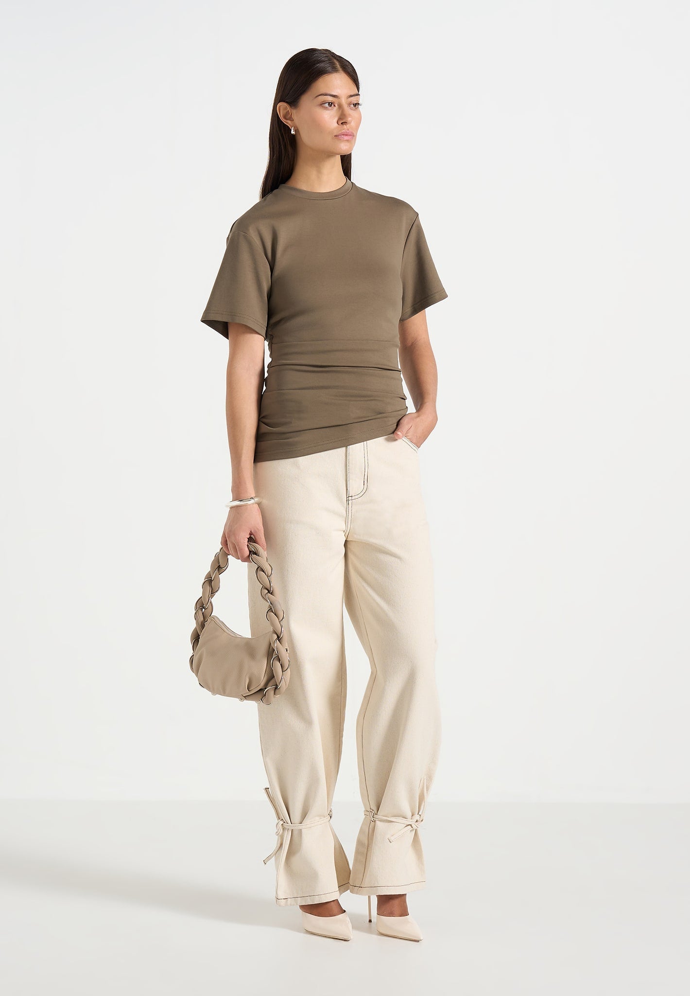 Pauline - Ruched Asymmetric Cotton T-Shirt - Olive 