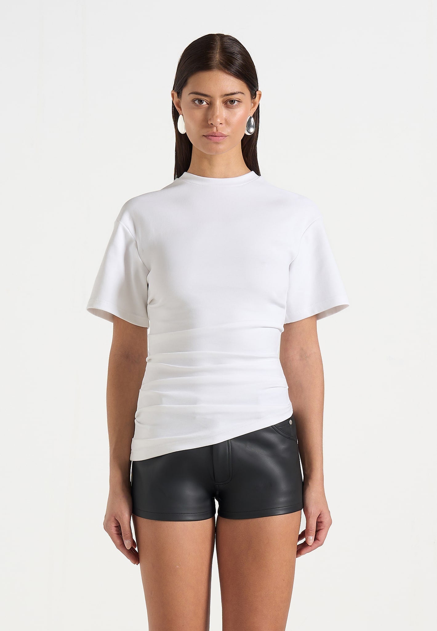 Pauline - Ruched Asymmetric Cotton T-Shirt - White 