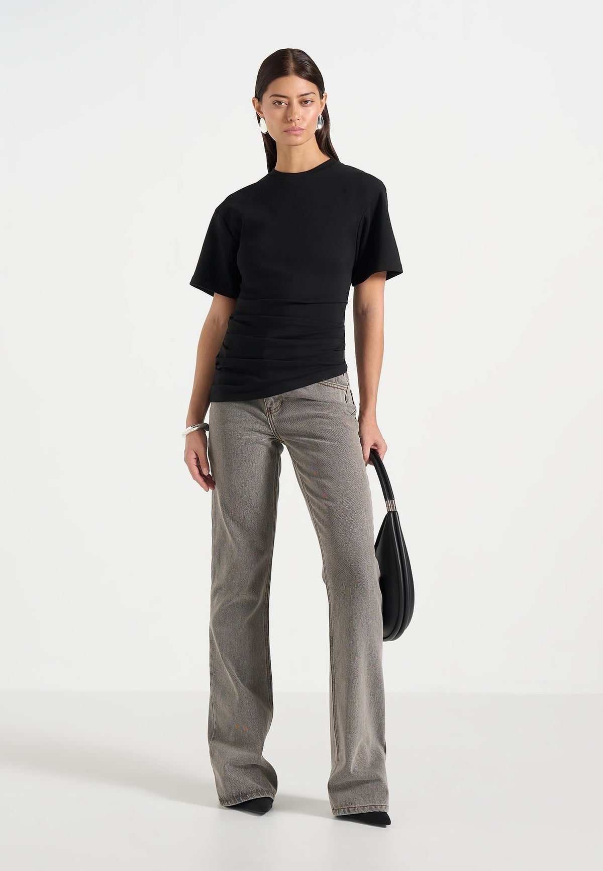 Pauline - Ruched  Asymmetric Cotton T-Shirt - Black