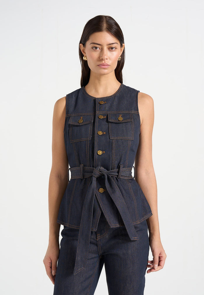 Darcy - Crew Neck Denim Vest - Polished Indigo