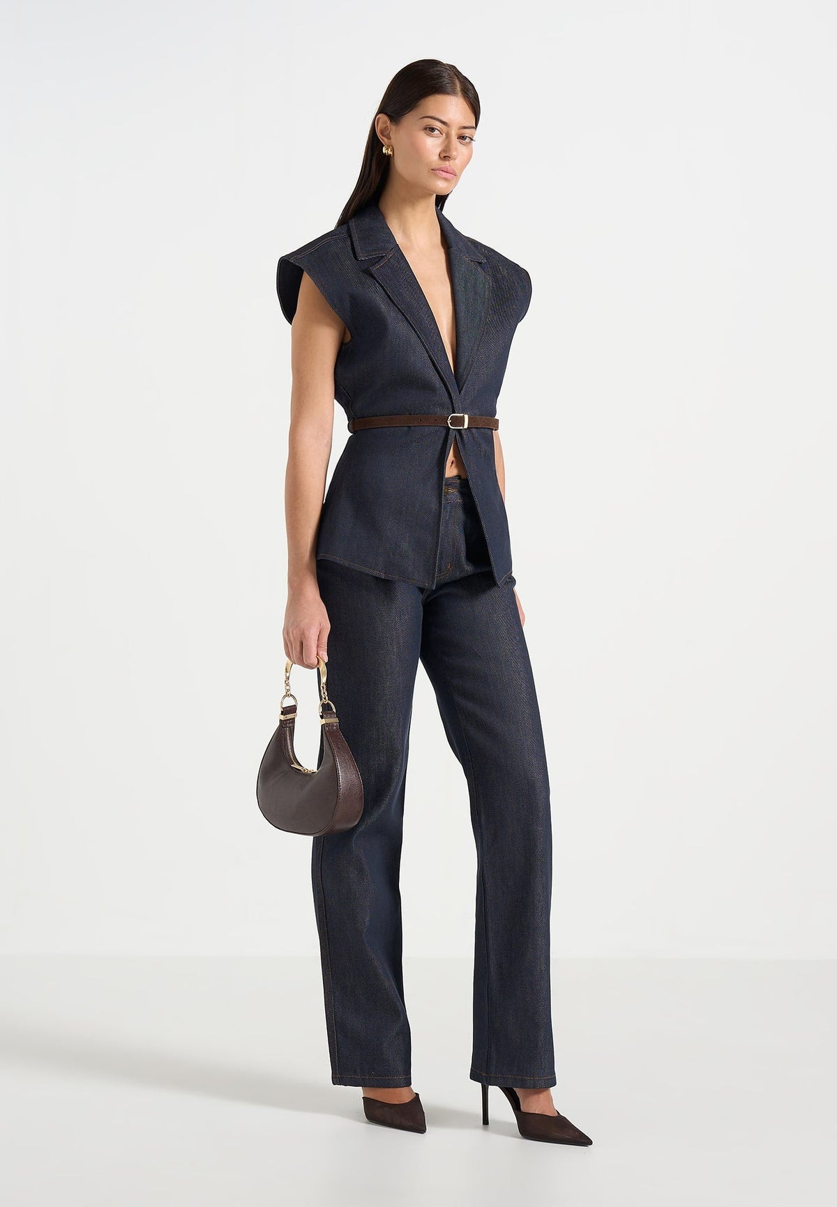 Linda - Wide Shoulder Cinched Denim Vest - Indigo