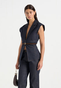 Linda - Wide Shoulder Cinched Denim Vest - Indigo