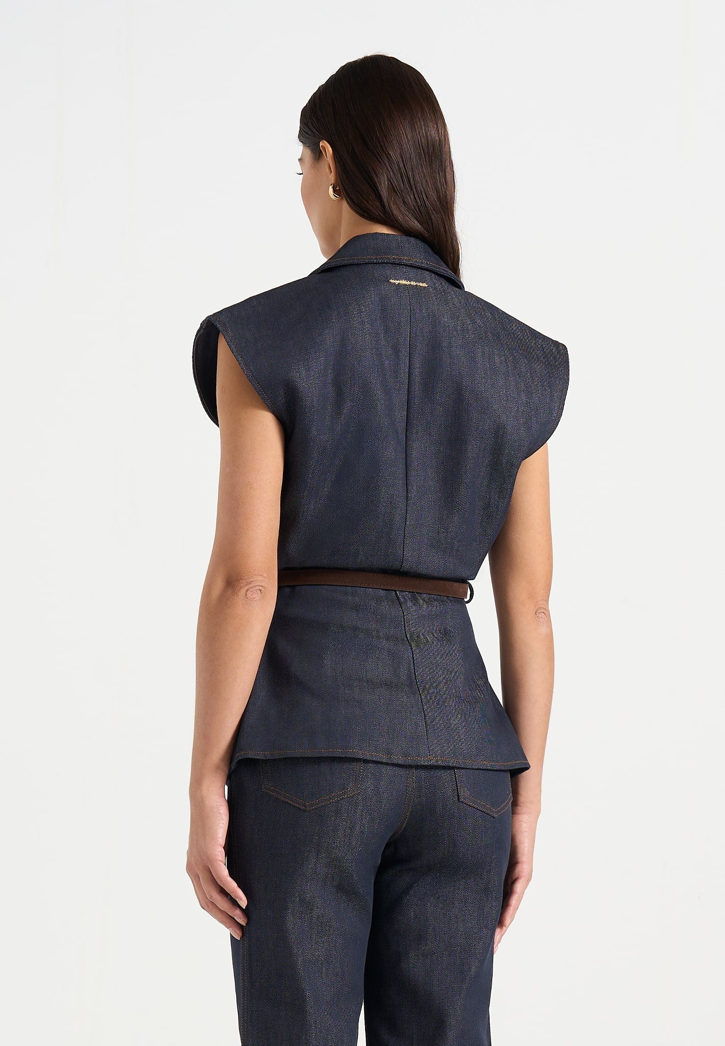 Linda - Wide Shoulder Cinched Denim Vest - Indigo