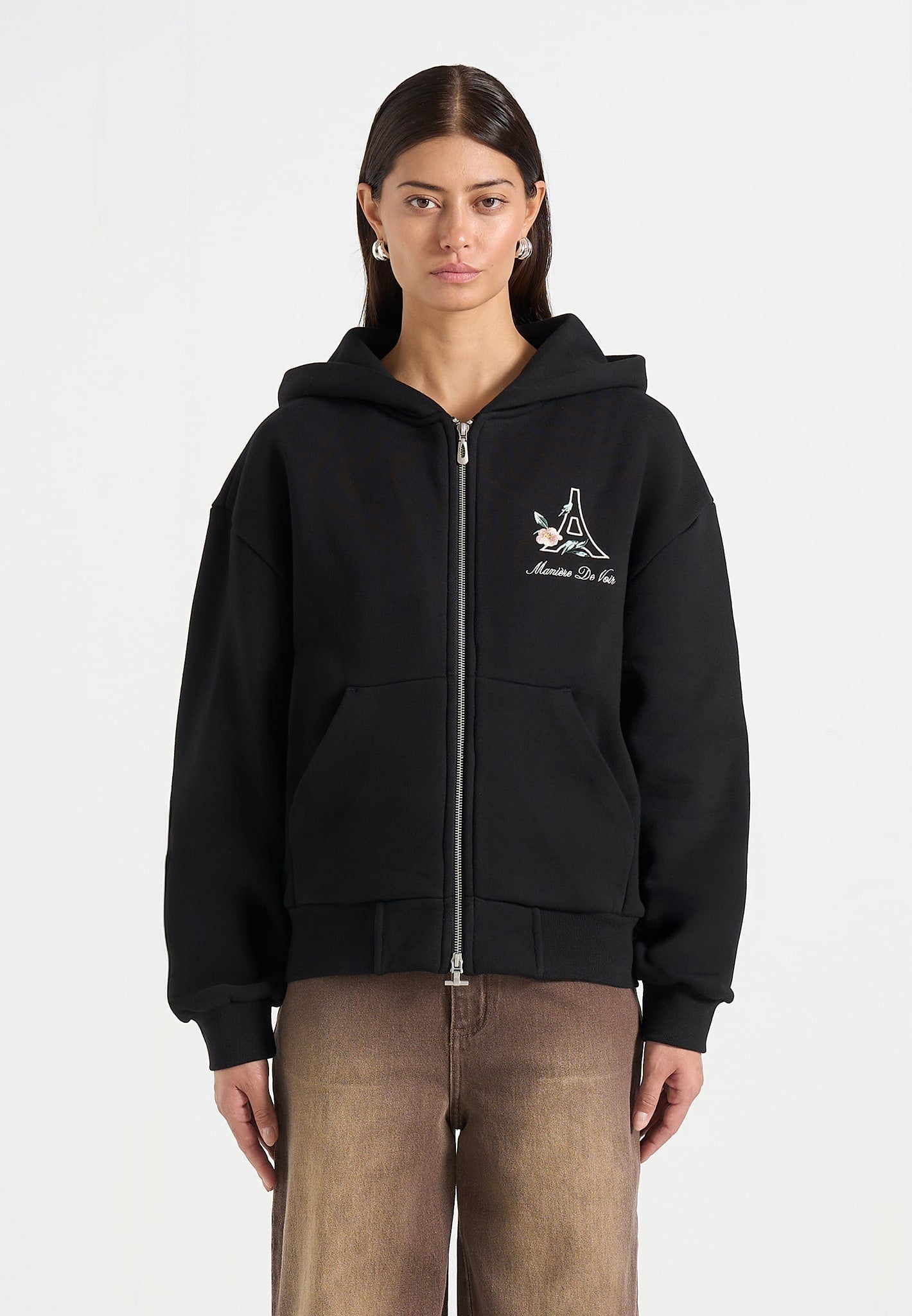 JS009 - Unisex Floral Eiffel Zip Hoodie - Black