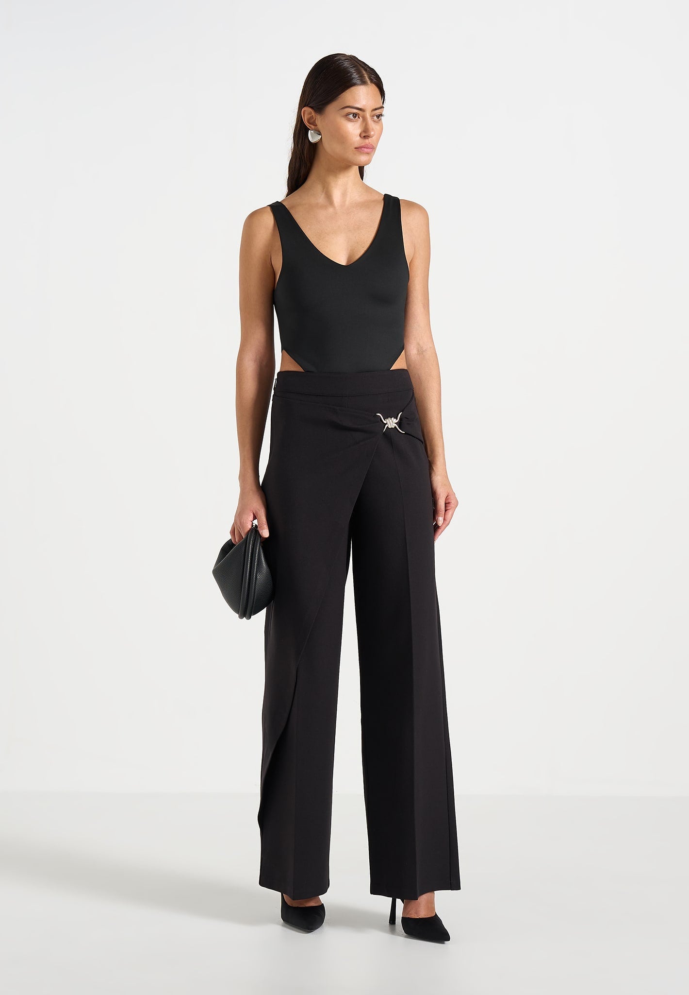 Beryl - Wrap Tailored Pants With Hardware Detail - Black 