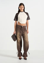 Faye - Wide Mid Rise Jeans With Tie Waist - Brown