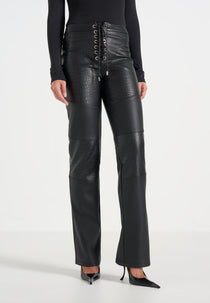 Seren - Croc Embossed Lace Up Pants - Black