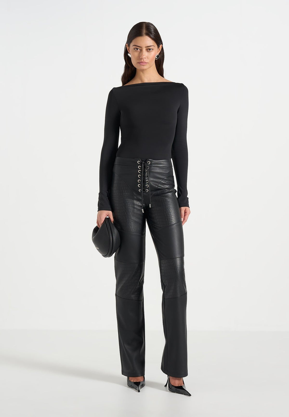 Seren - Croc Embossed Lace Up Pants - Black