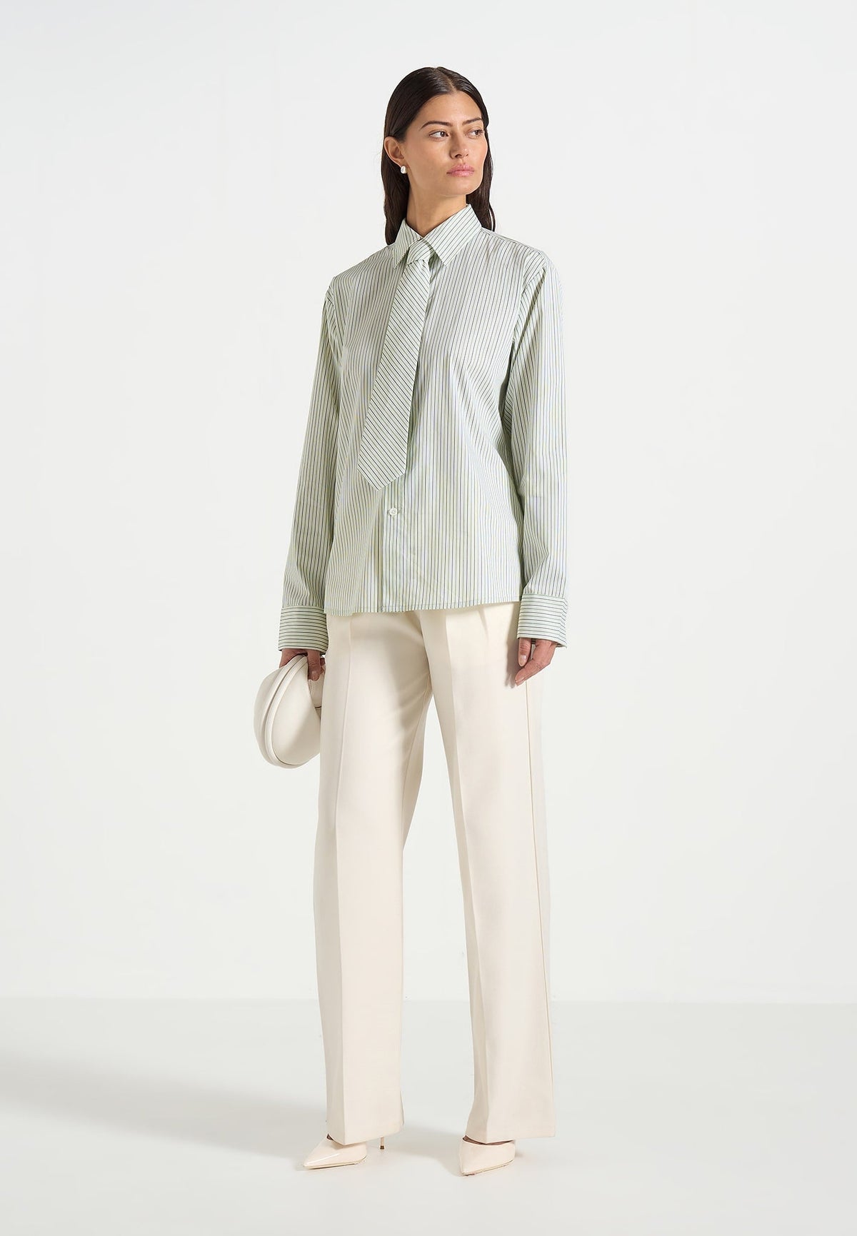 Dylan - Unisex Pinstripe Long Sleeve Shirt With Detachable Tie - Sage