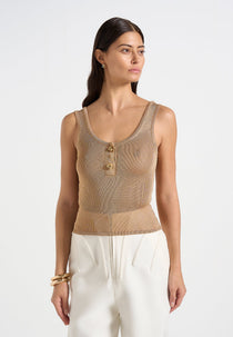 Pippa - Pointelle Knitted Tank Top With Knot Button - Gold