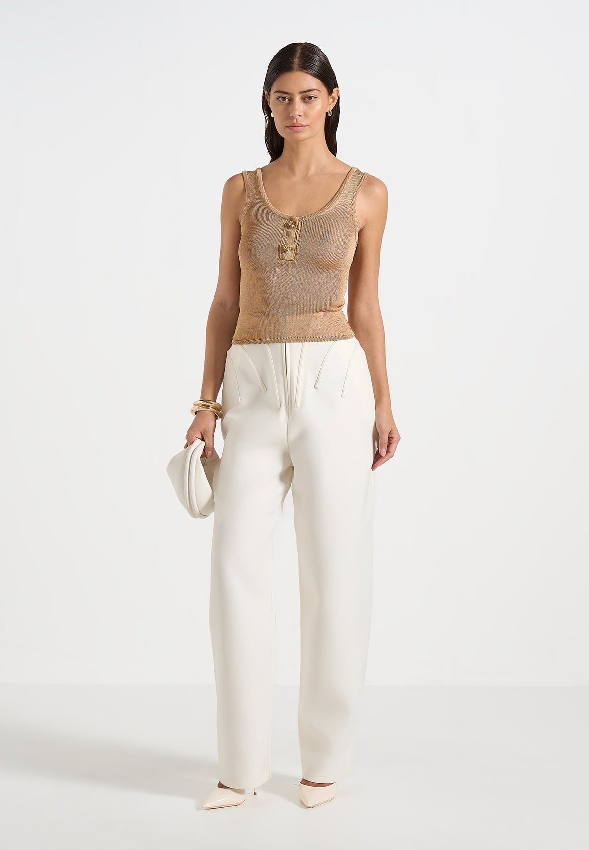 Pippa - Pointelle Knitted Tank Top With Knot Button - Gold