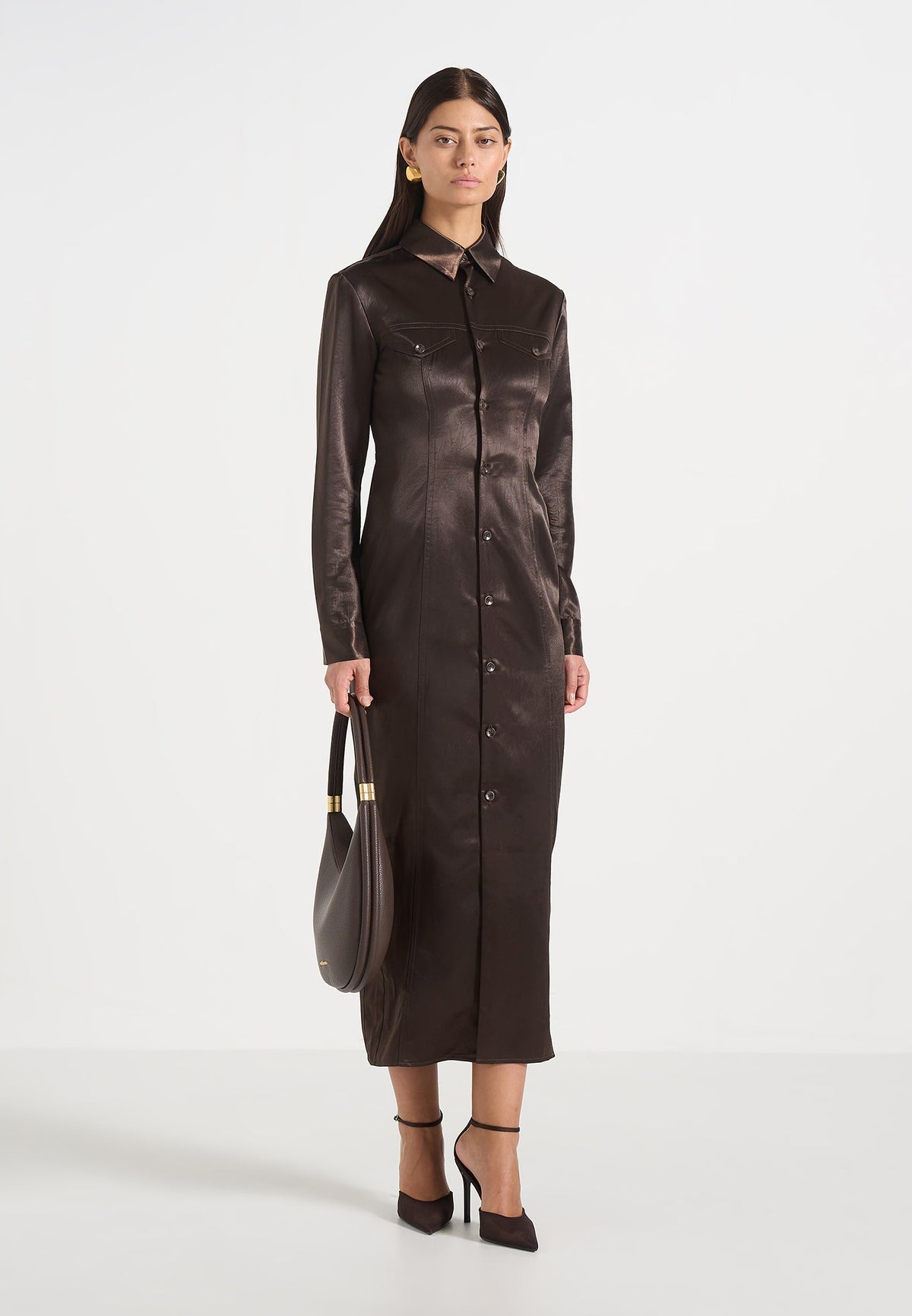 Etta - Crinkled Satin Midi Shirt Dress - Brown