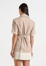 Baya - Tailored Cinch Waist Pleated Blazer Dress - Beige