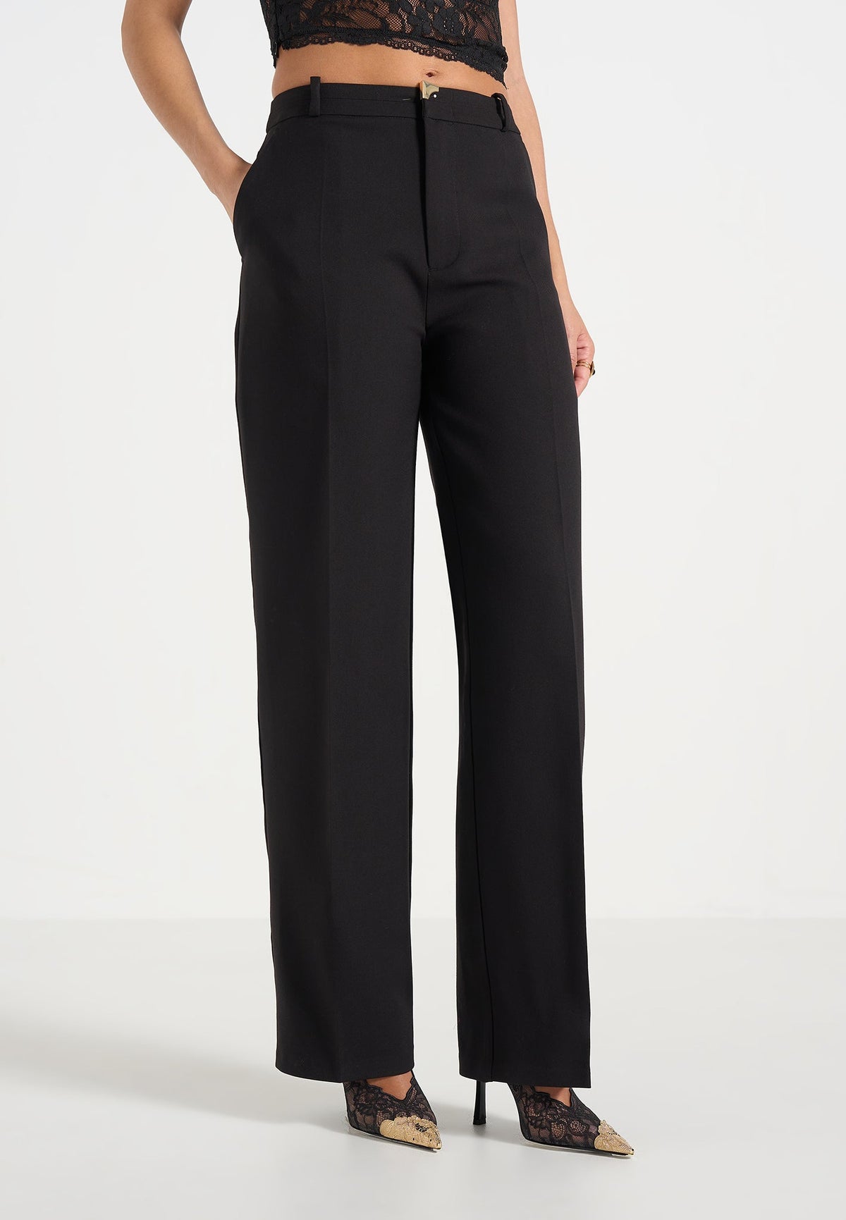 Doria - Tailored Pants With Waistband Detail - Black