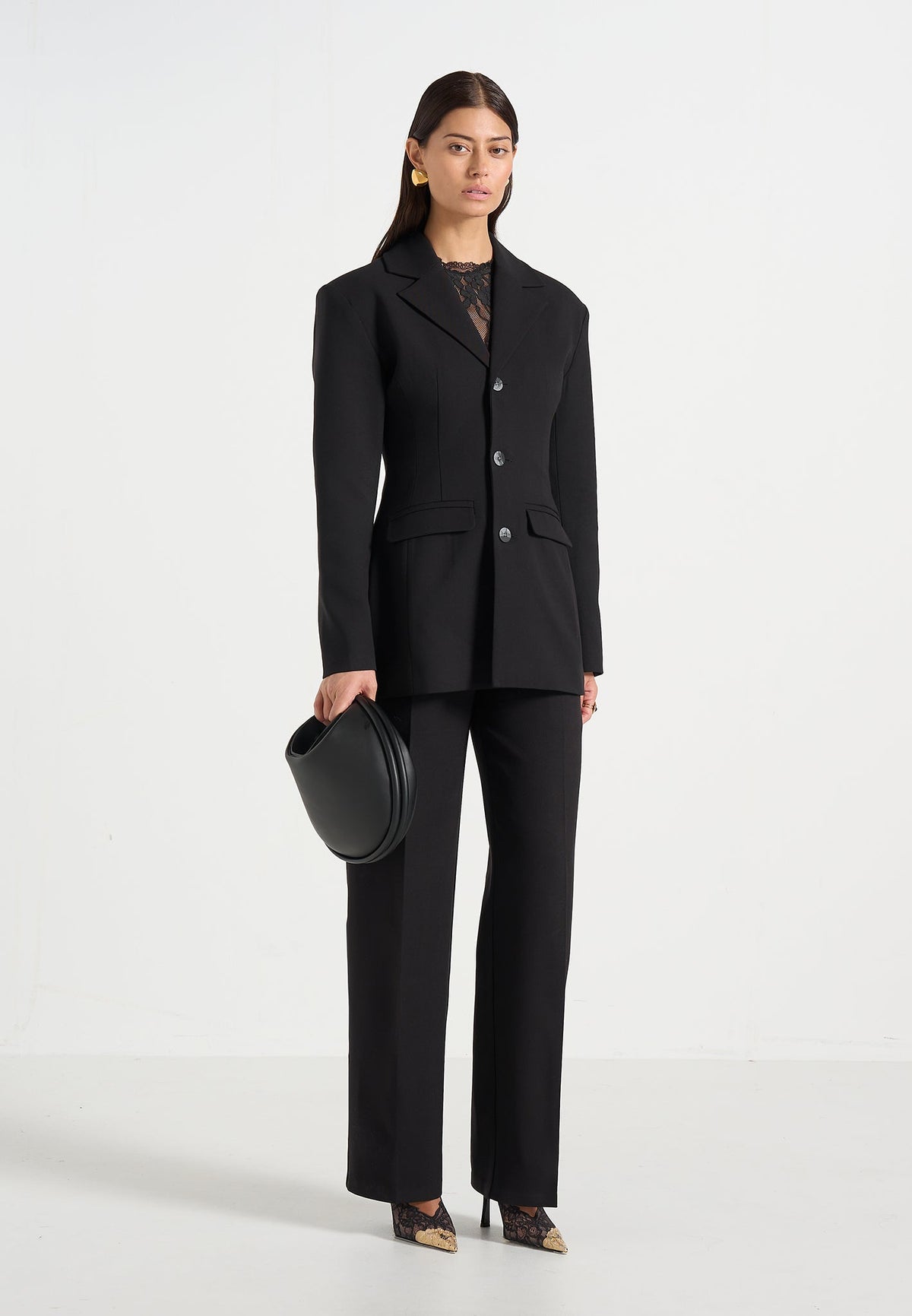 Claire - Wide Shoulder Cinch Waist Blazer - Black