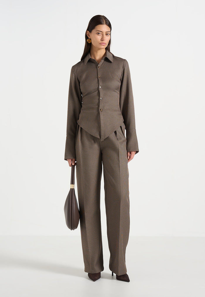 Julie - Houndstooth Twin Pleat Pants - Brown
