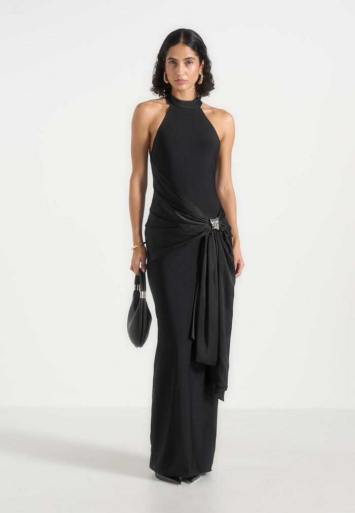 Willow - Halter Neck Clasp Detail Satin Sash Maxi Dress - Black