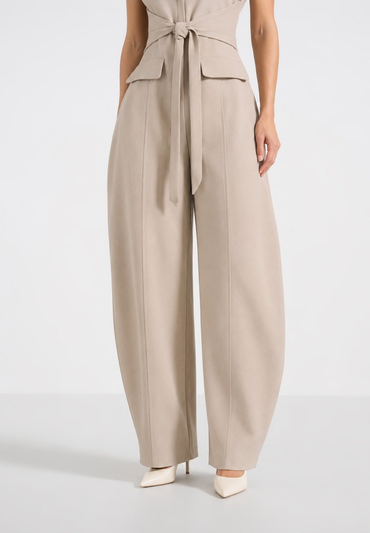 Kira - Tie-Waist Barrel Leg Tailored Jumpsuit - Beige