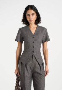 Yolanda - Tailored Peplum Suit Vest - Grey Speckle