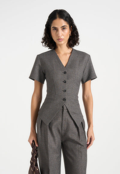 Yolanda - Tailored Peplum Suit Vest - Grey Speckle