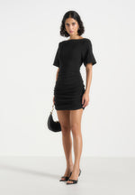 Summer - Ruched Open-Back Cotton T-Shirt Mini Dress - Black